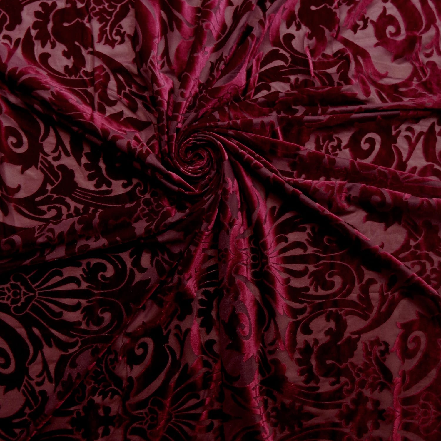 100% SILK VELVET BURNOUT BURGUNDY AND BURGUNDY FABRIC 45” WIDE BY THE YARD 