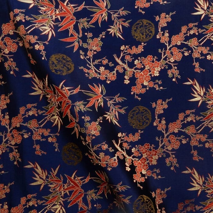 30″ Silk Chinese Brocade Fabric Large Bamboo & Blossom Navy 10 yard bolt
