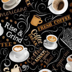 Timeless Treasures Fabric Just Brew It Coffee C8955 Black, by the yard