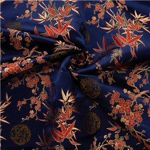 30" Silk Chinese Brocade Fabric Large Bamboo & Blossom Navy 15 yard bolt