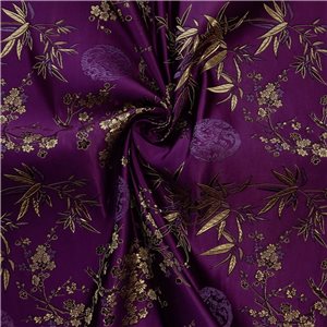 30" Silk Chinese Brocade Fabric Large Bamboo & Blossom Purple 15 yard bolt