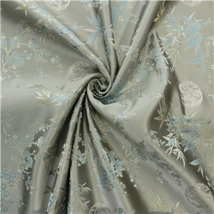 30" Silk Chinese Brocade Fabric Large Bamboo & Blossom Silver 15 yard bolt