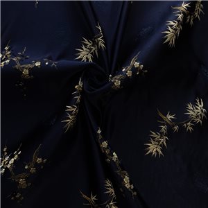 30" Silk Chinese Brocade Fabric Bamboo & Pear Blossom Navy 15 yard bolt
