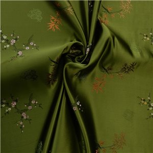 30" Silk Chinese Brocade Fabric Bamboo & Pear Blossom Olive 15 yard bolt