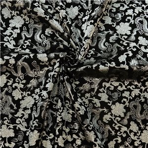 30" Silk Chinese Brocade Fabric Dragon & Flowers Black-Silver 15 yard bolt