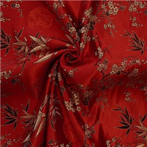 30" Silk Chinese Brocade Fabric Large Bamboo & Blossom Red 15 yard bolt
