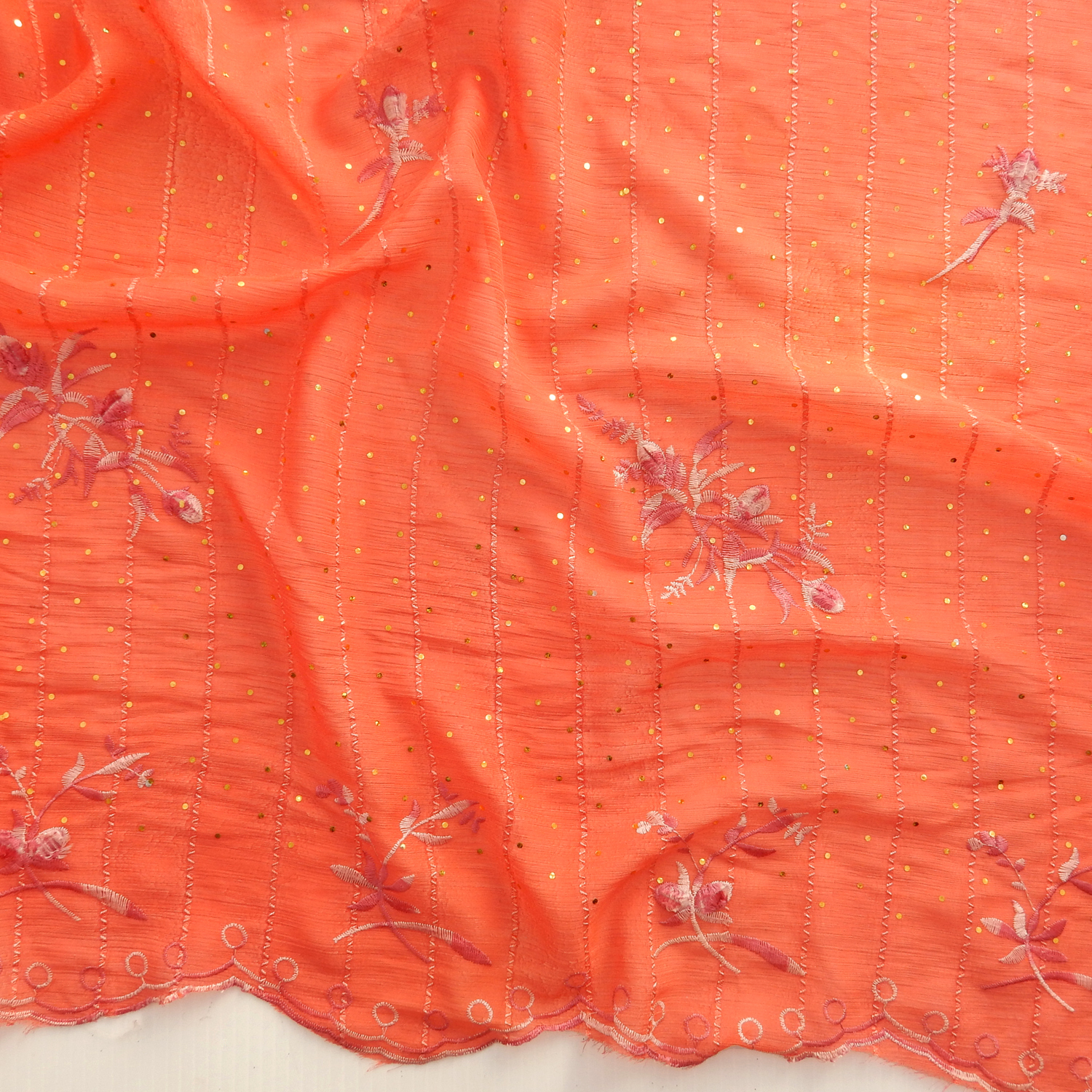 SALE Hologram & Embroidered Border Chiffon Fabric 6577 Coral, by the yard - Image 6