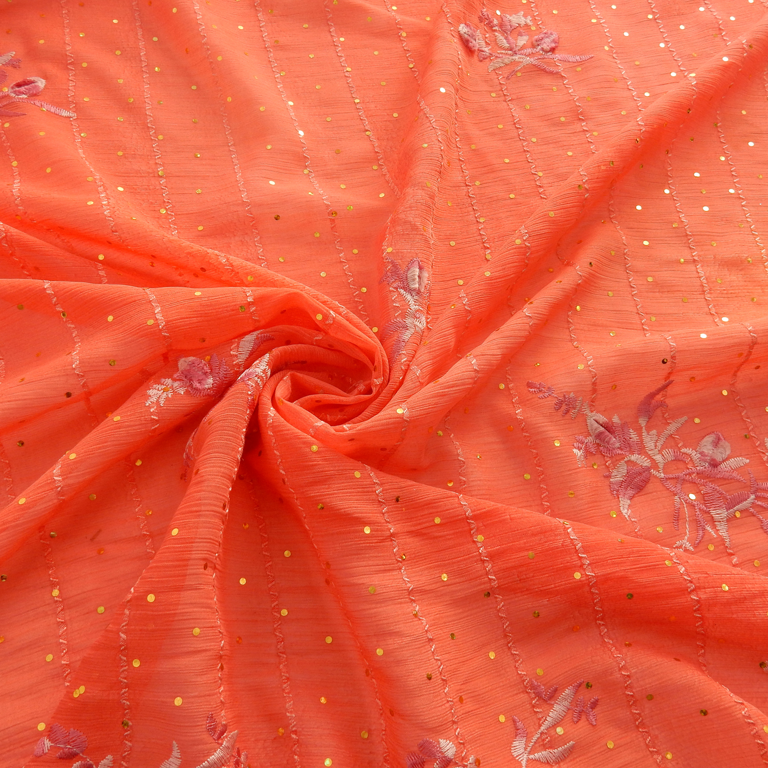 SALE Hologram & Embroidered Border Chiffon Fabric 6577 Coral, by the yard - Image 2