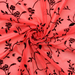SALE Velvet Flocked Sparkle Stretch Sheer Fabric 6645 Cherry, by the yard