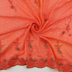 SALE Hologram & Embroidered Border Chiffon Fabric 6596 Coral, by the yard