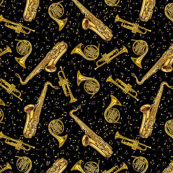 Timeless Treasures Fabric Tossed Brass Instruments Music-CM3238 Black 15 yard bolt