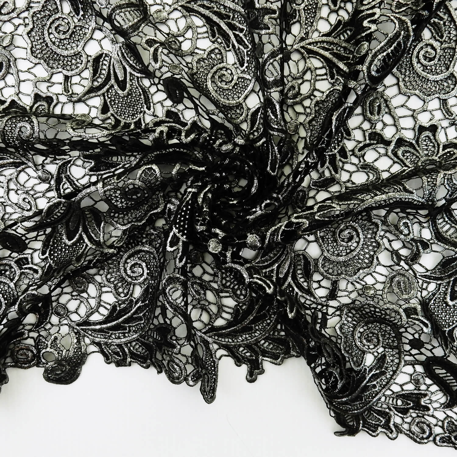 SALE Metallic Venice Lace Guipure Fabric Black-Silver 6796, by the yard