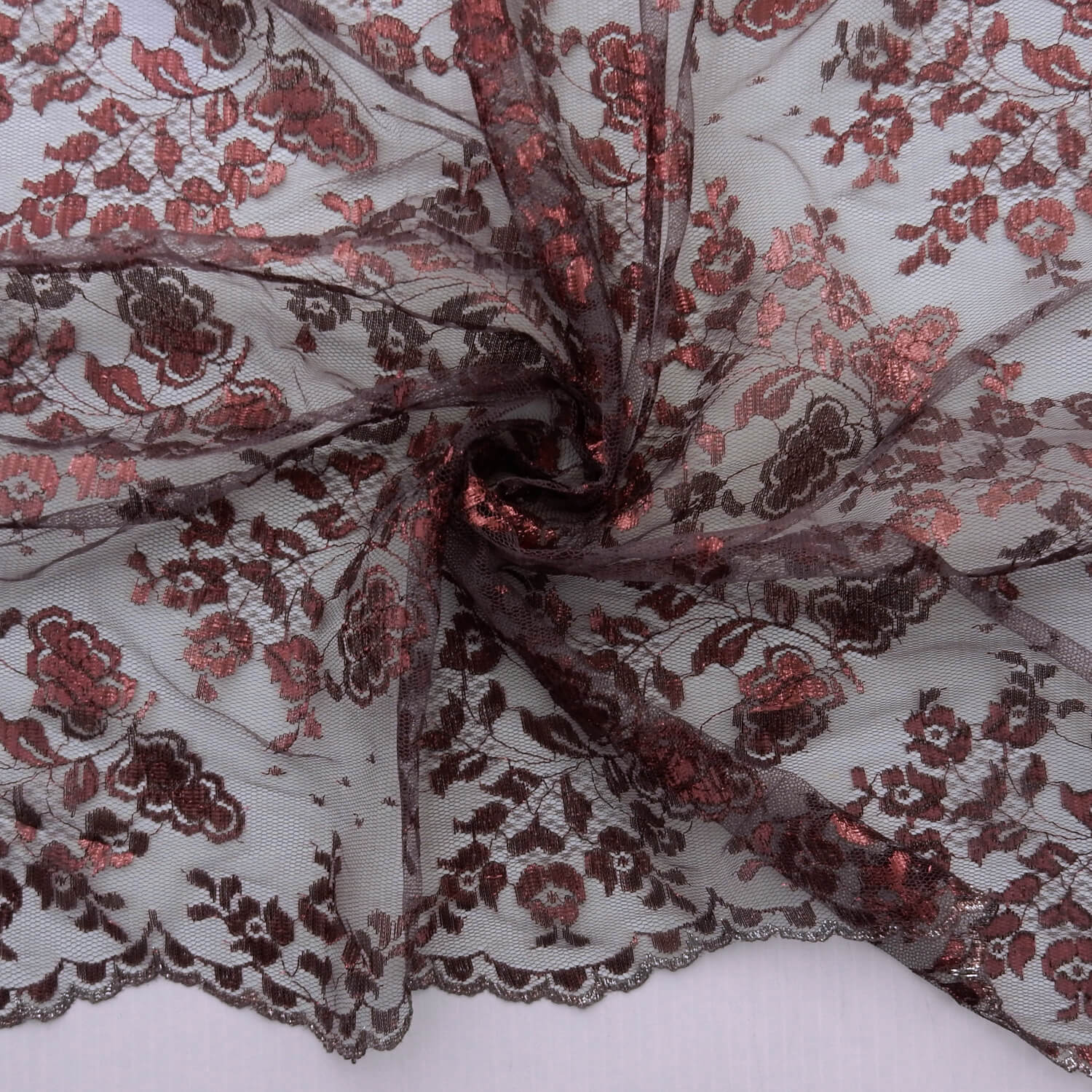 SALE Metallic Lace Fabric with Scalloped Edge Berry 6851, by the yard