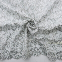 SALE Metallic Chantilly Stretch Lace Fabric White-Silver 6821, by the yard
