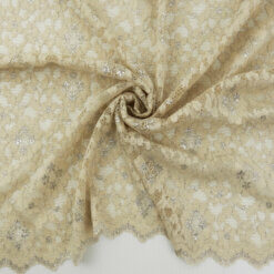 SALE Stretch Metallic Chantilly Lace Fabric Champagne-Silver 6847, by the yard