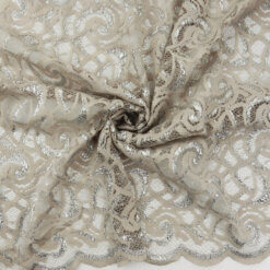 SALE Stretch Metallic Chantilly Lace Fabric Sandstone-Silver 6881, by the yard