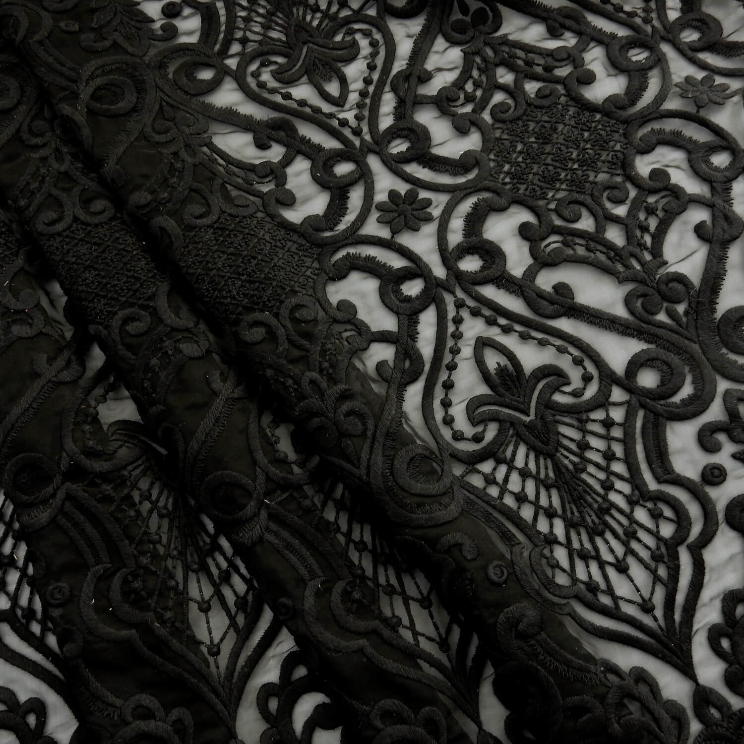 SALE Heavy Damask Embroidery Over Sheer Fabric Black 6886, by the yard - Image 7