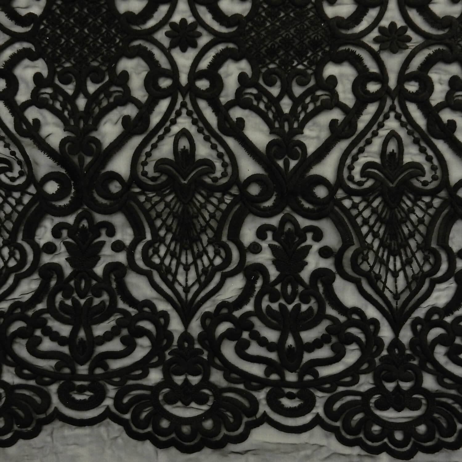 SALE Heavy Damask Embroidery Over Sheer Fabric Black 6886, by the yard - Image 5