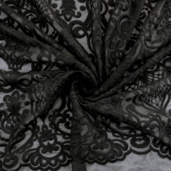 SALE Heavy Damask Embroidery Over Sheer Fabric Black 6886, by the yard