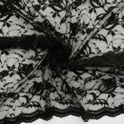 SALE Floral Stretch Lace Fabric with Scalloped Edges Black 6909, by the yard