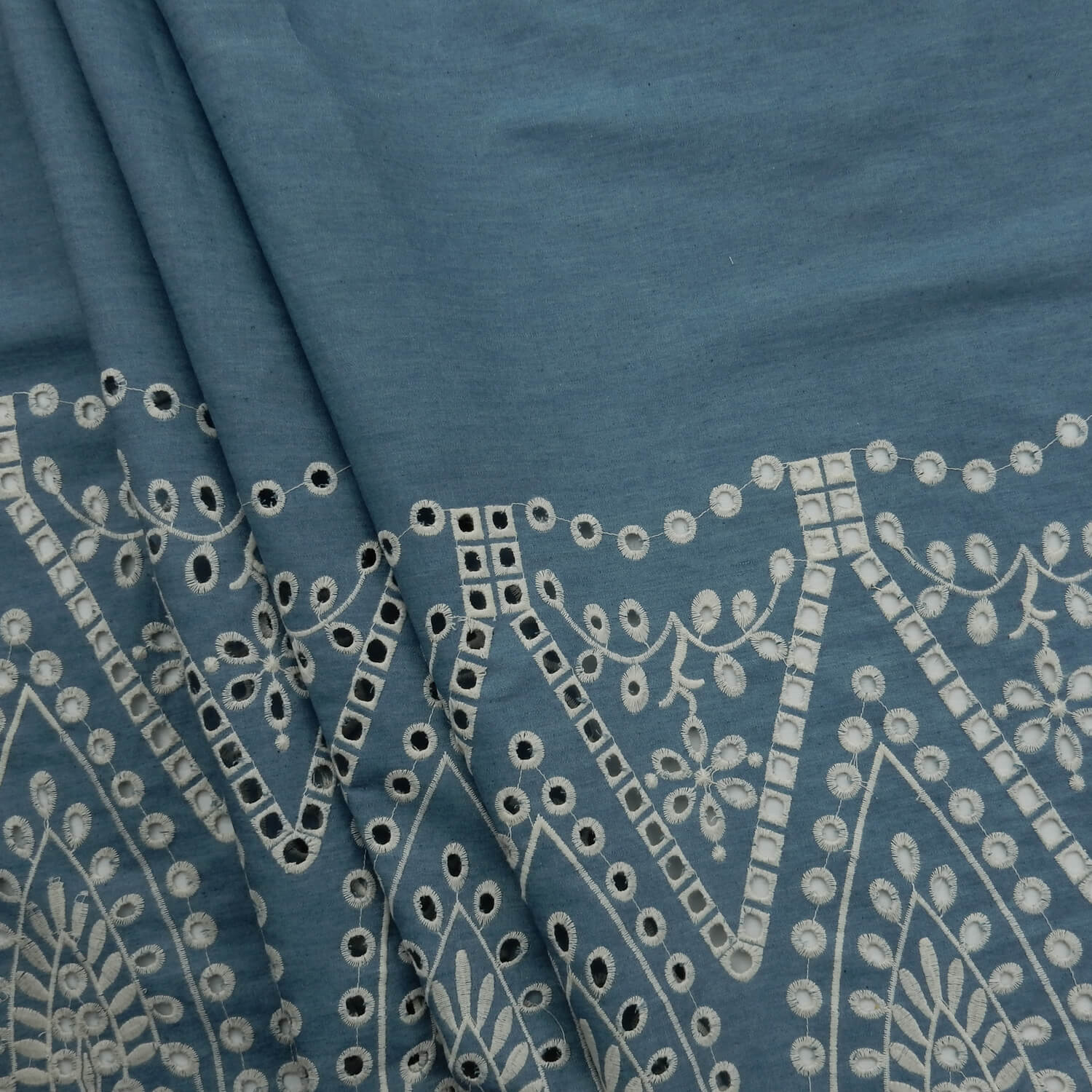 SALE Embroidered Scalloped Border Linen-Cotton Fabric 6927 Chambray, by the yard - Image 7