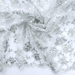 SALE Re-Embroidered Metallic Lace Fabric Ivory-Silver 6844, by the yard