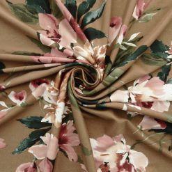 SALE Floral Printed Stretch DTY Print Fabric 7022 Khaki, by the yard