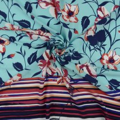 SALE Stripe Double Border Floral Fabric 7036 Sky Blue, by the yard